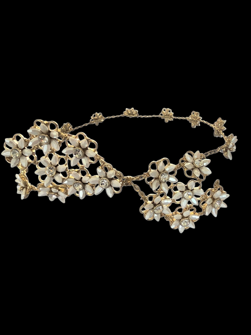 Gold and White Floral Crystal Hair Vine Headpiece